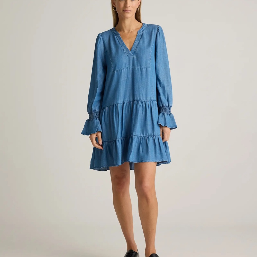 Quince Blue Long-Sleeve Tiered V-Neck Dress